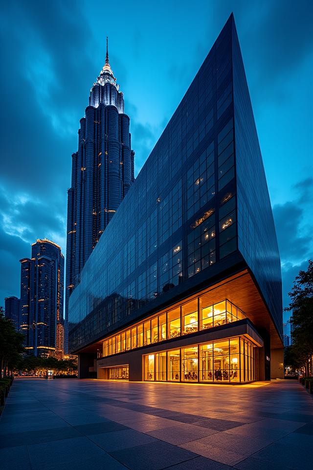 Seni bina moden dengan pencahayaan dramatik, sudut pandang unik.